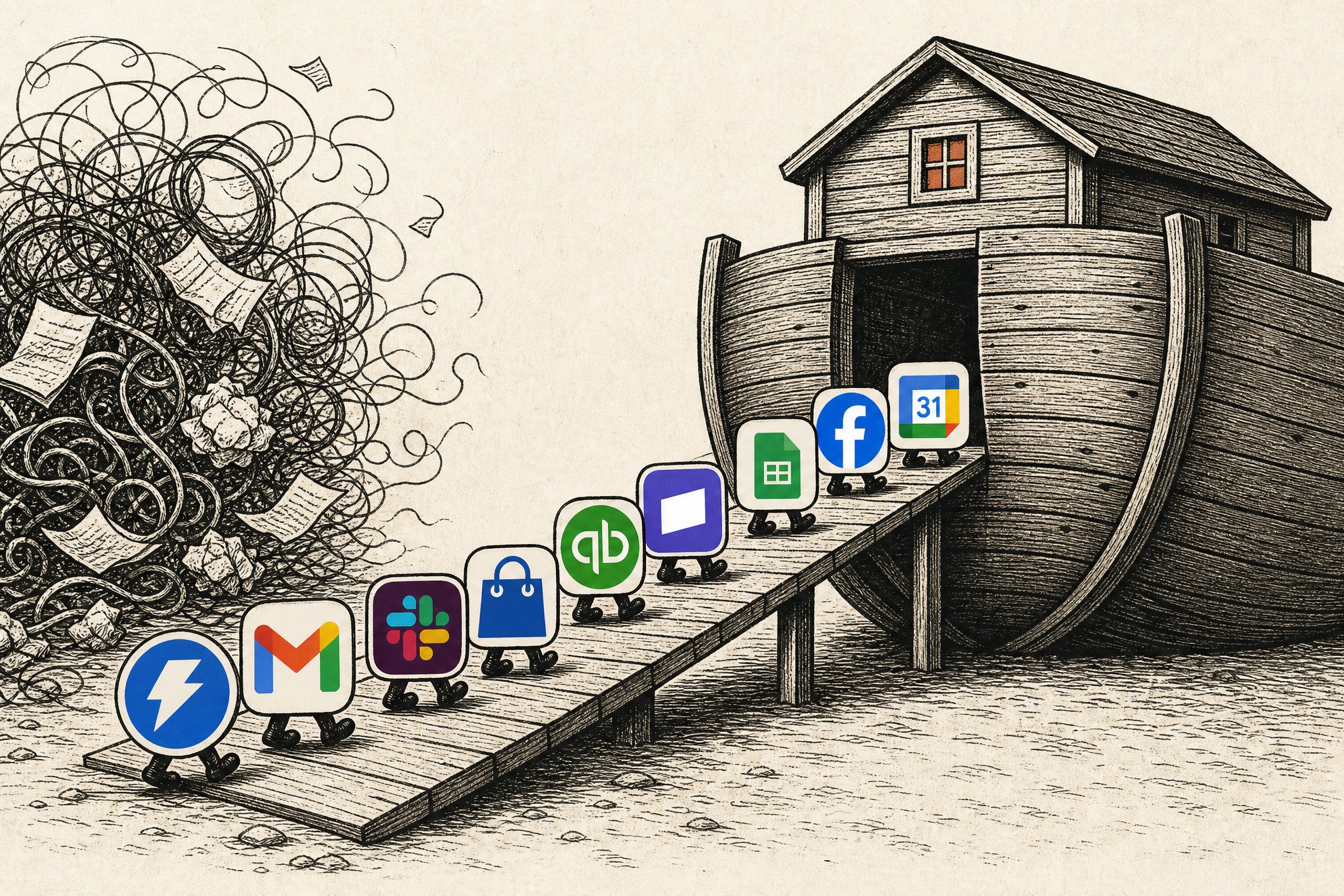 App tiles for the tools a business runs on march two by two up a ramp into a wooden ark, leaving a swirl of chaos behind