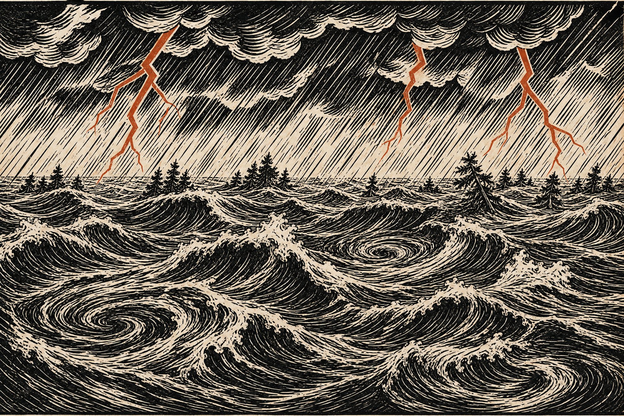 A storm sea of engraved waves under slanting rain and lightning, treetops drowning on the horizon