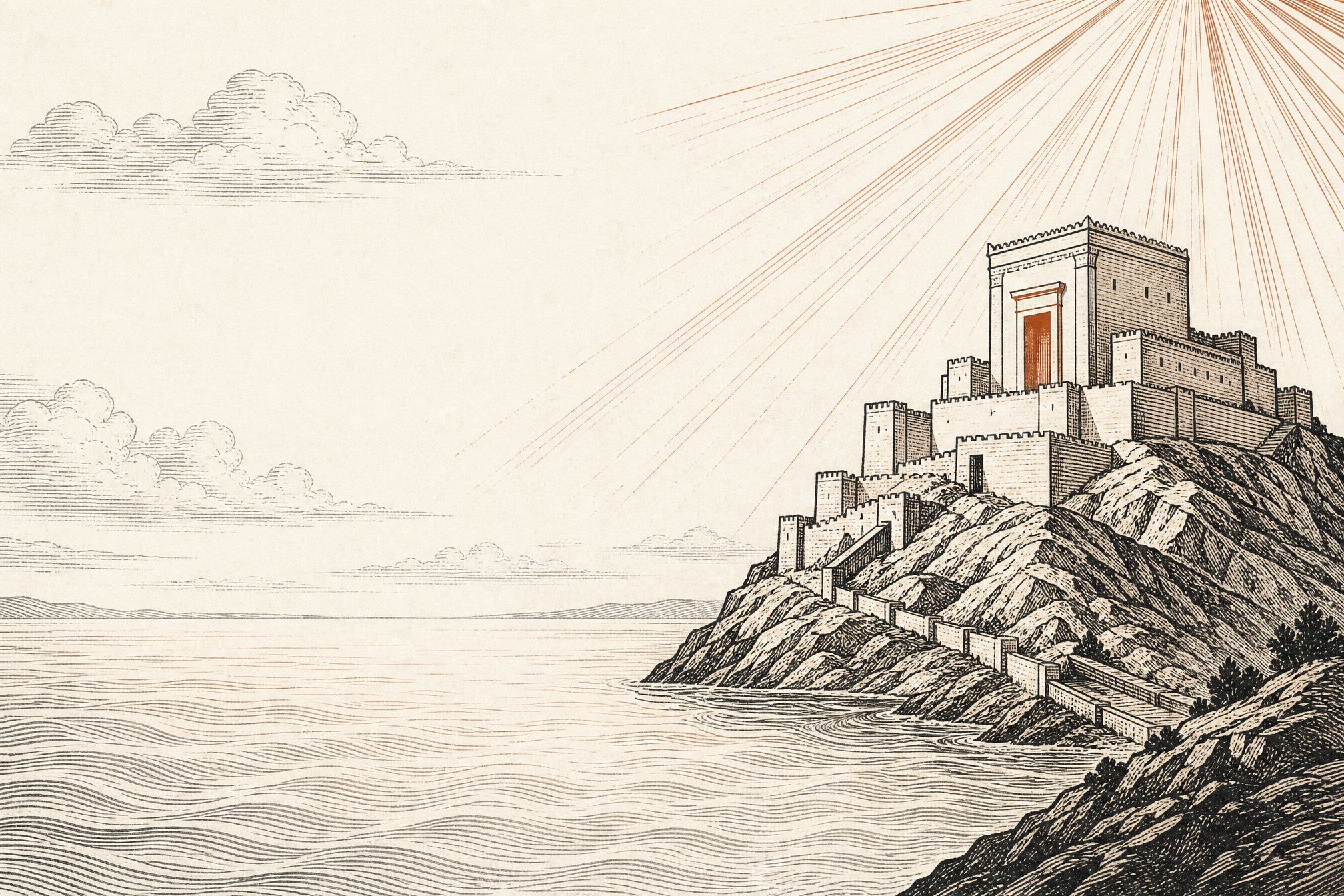 A temple-crowned mountain rising above a luminous ocean of light
